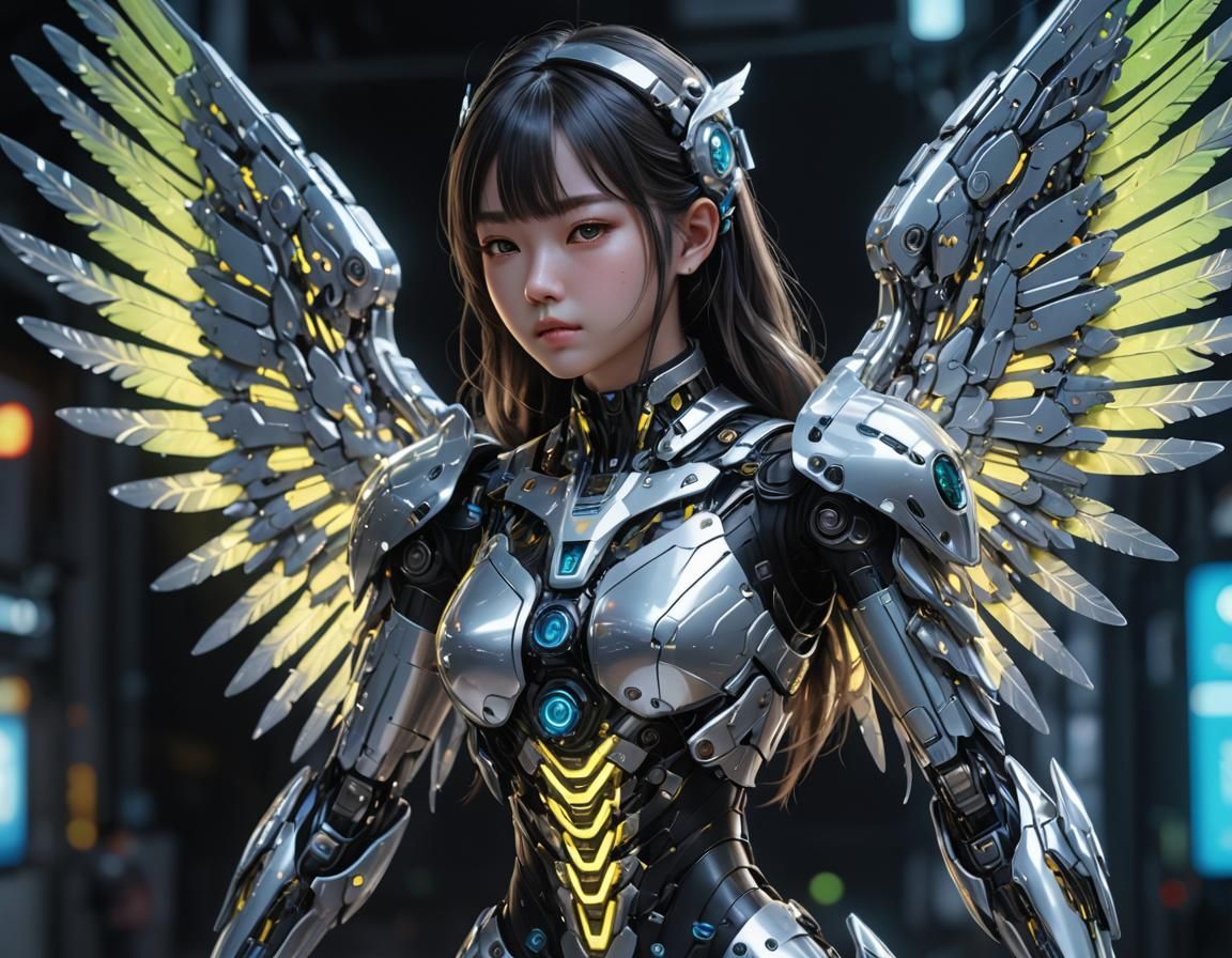Futuristic Cyborg Girl with Crystal Wings in 3D Anime Art