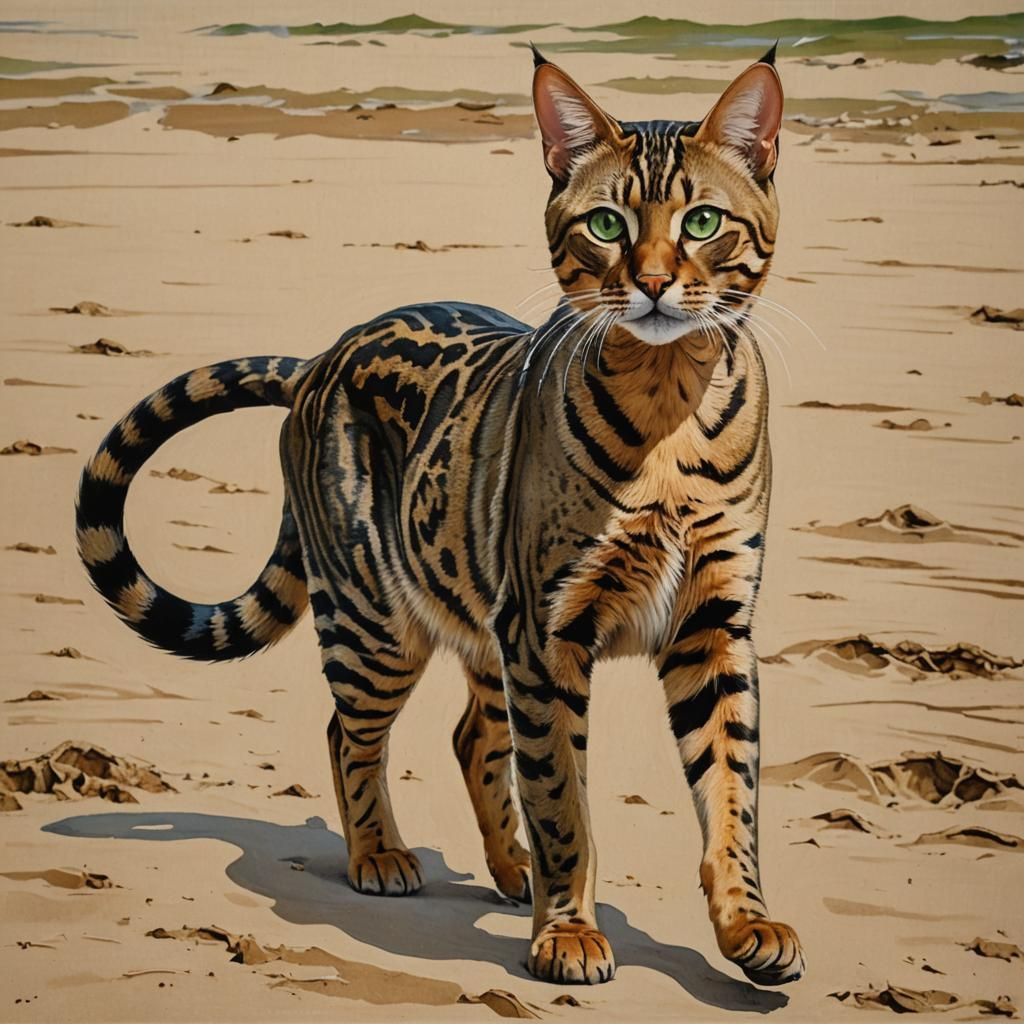 Bengal Cat Walking on Beach as Impasto Painting