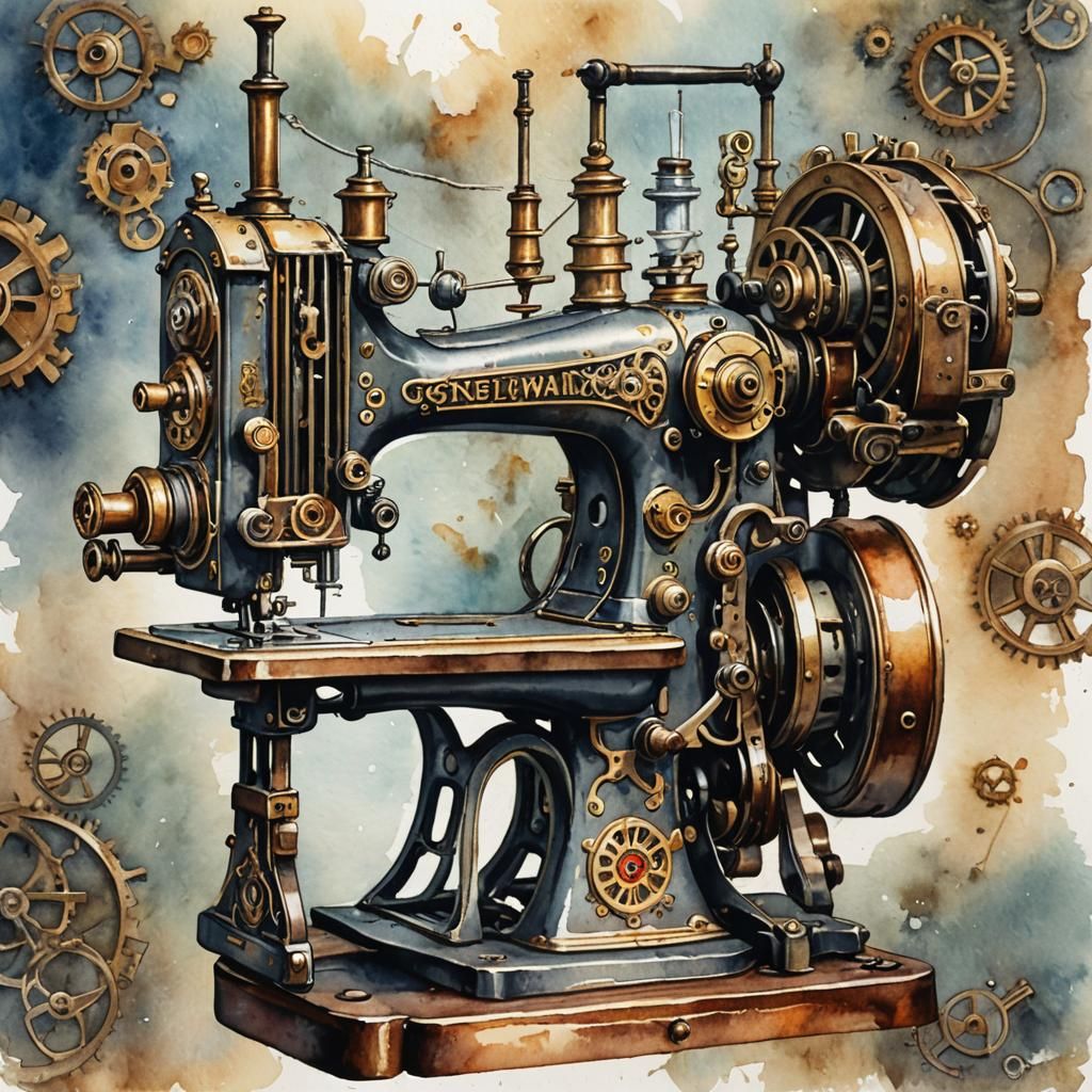 Steampunk Sewing Machine in Watercolor Style