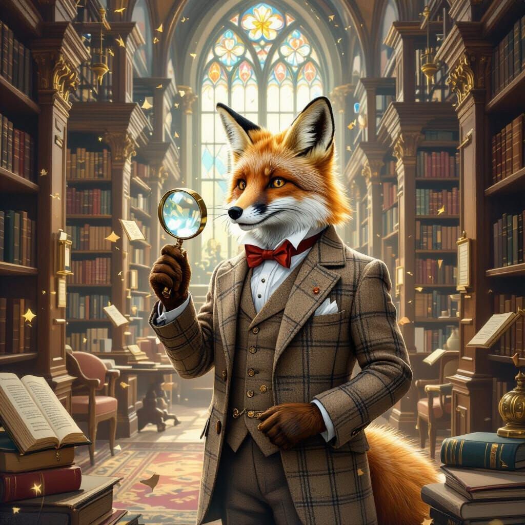 Fox in Suit Examines Book in Library, Fantasy Art