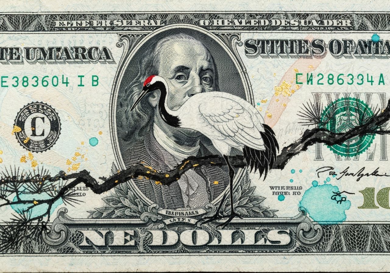 Sumi-e Crane Painting on Dollar Bill in Gold and Turquoise