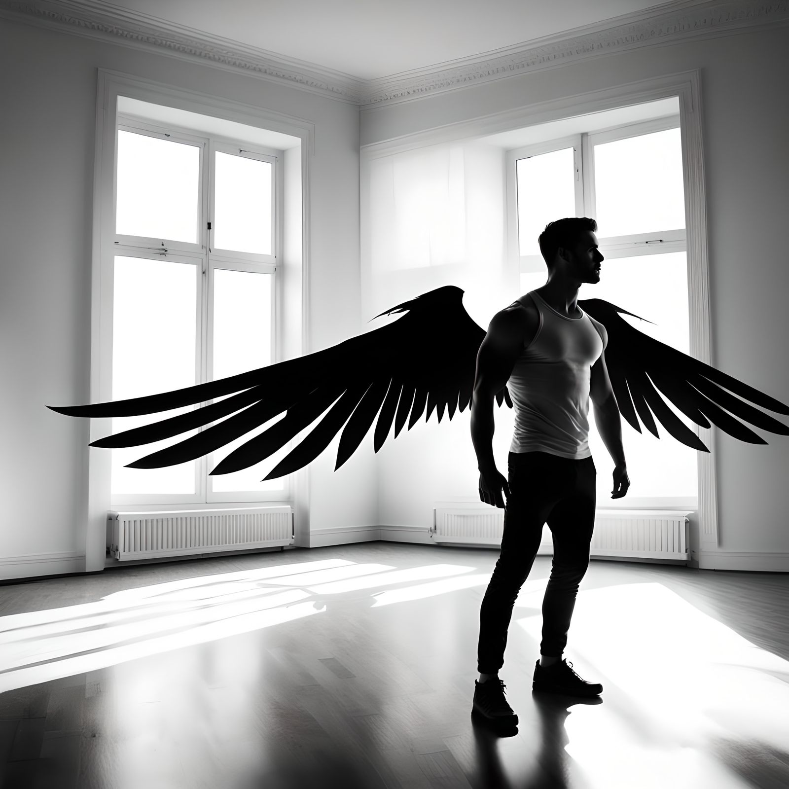 Striking Double Exposure: Winged Silhouette in Shadow