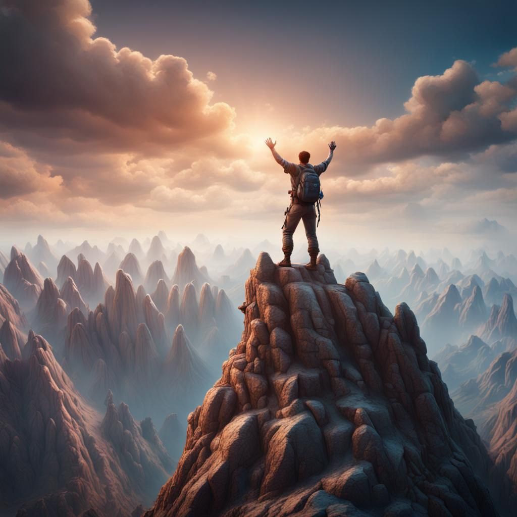 Victorious Climber on Mountain Top: Fantasy Concept Art