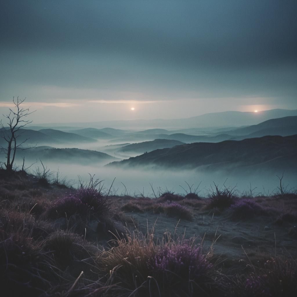 Eerie Landscape with Rolling Fog in Cinematic Style