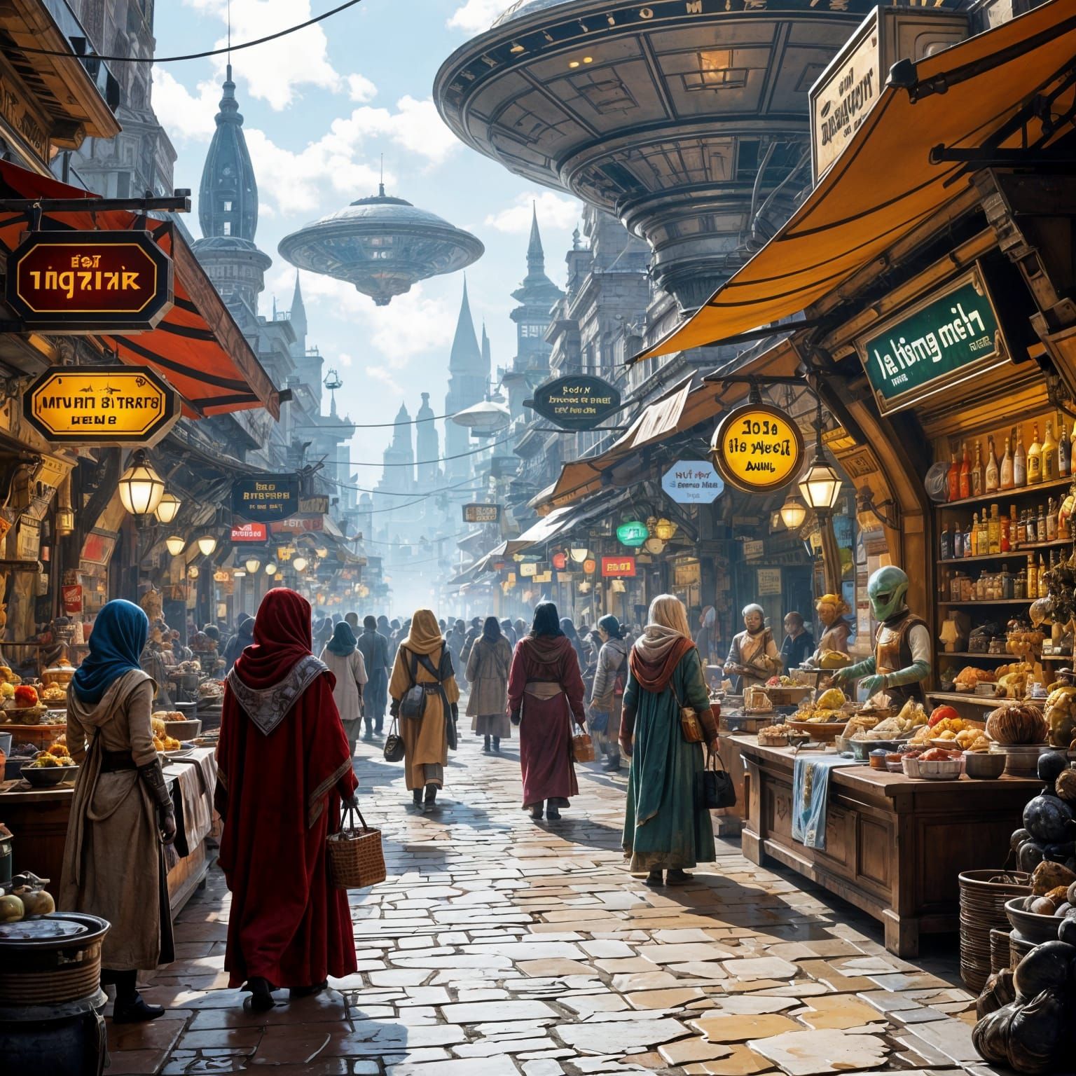 Bustling Alien Bazaar in Science Fiction Style