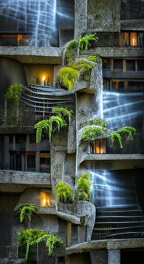 Brutalist Hotel Courtyard with Waterfall, Architecture Photo...