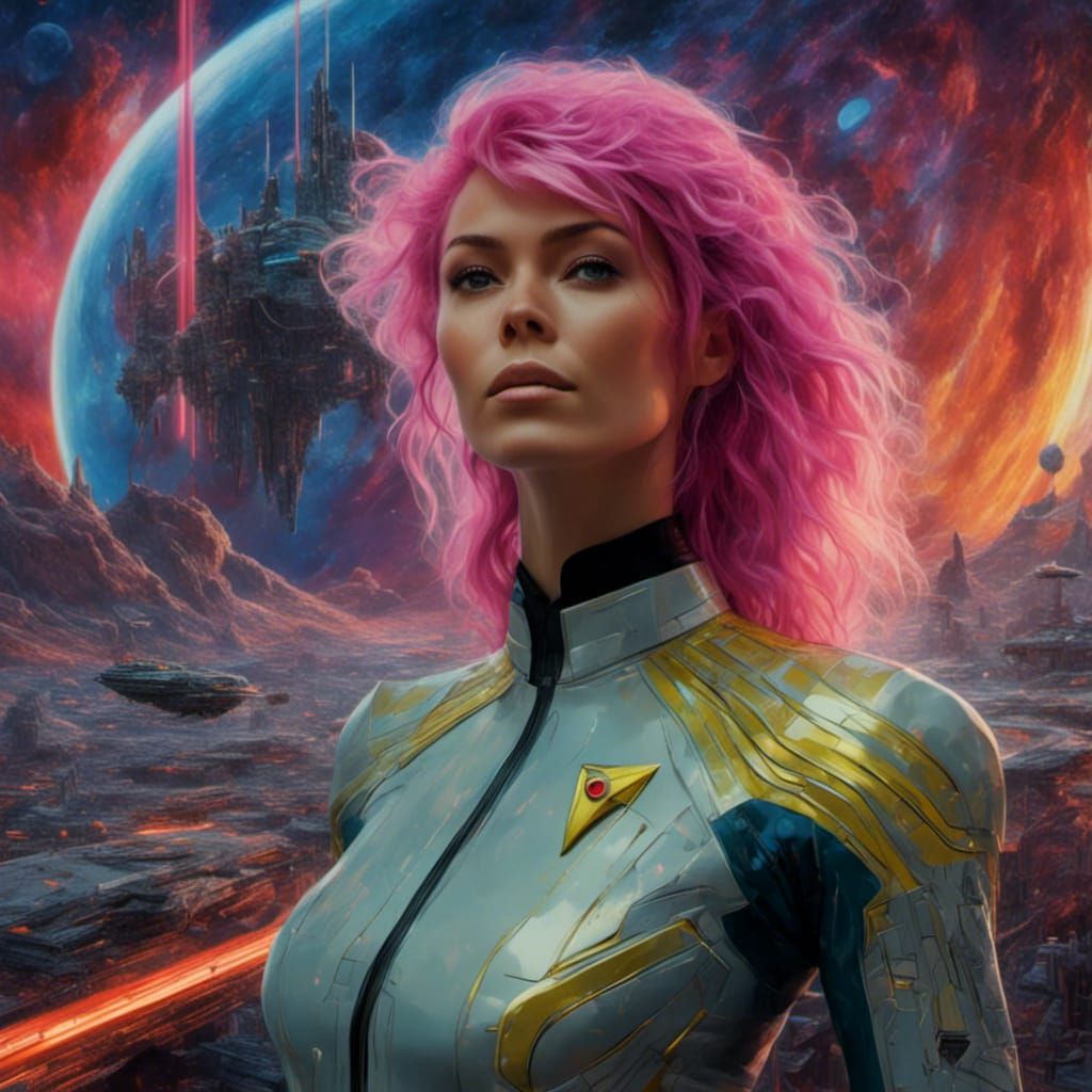 Neon Haired Woman on Rocky Planet in Star Trek Style