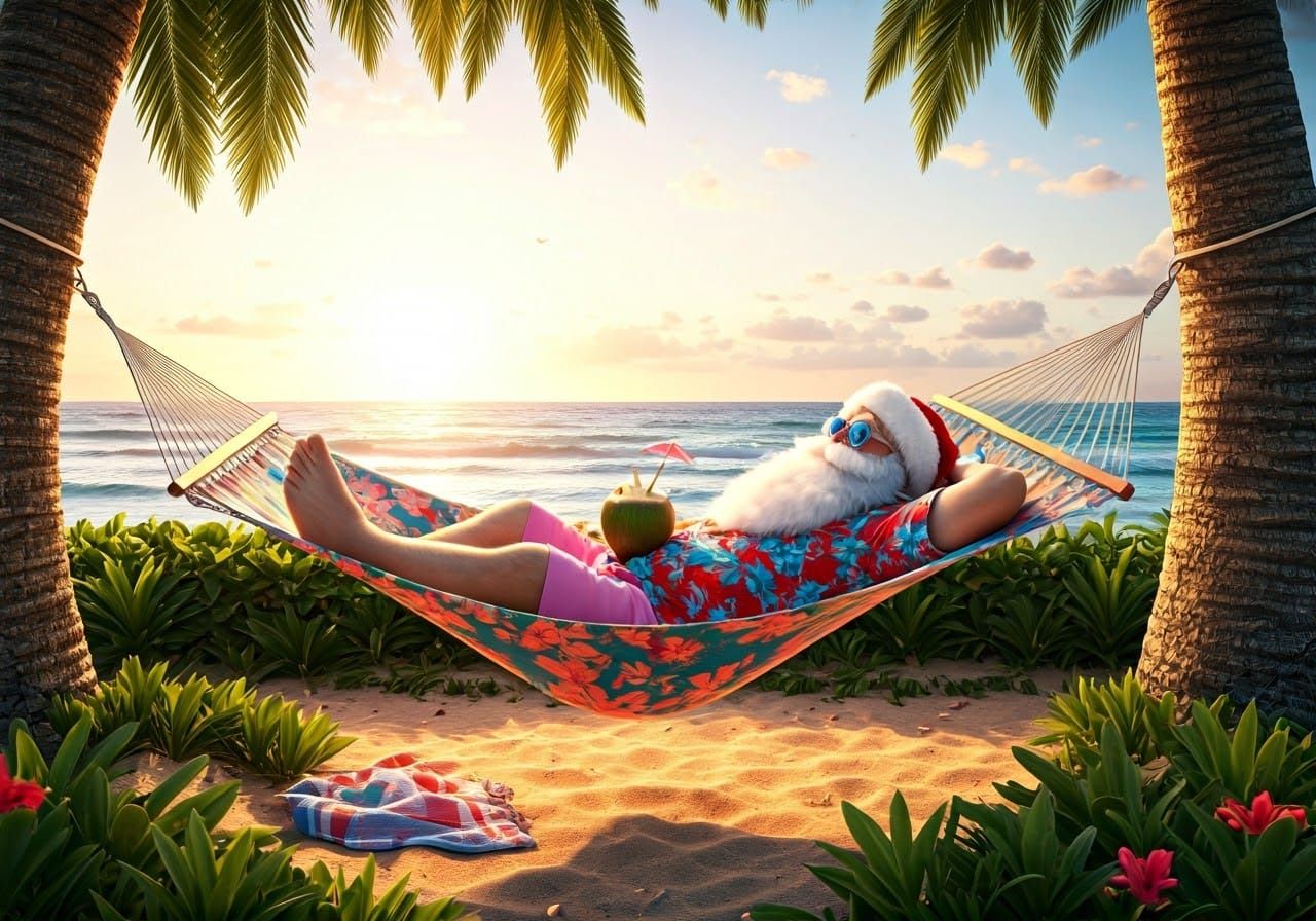 Serene Santa Claus Relaxing on a Hawaiian Beach