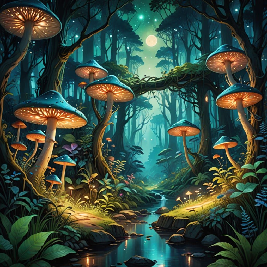 Enchanted Forest Under Starry Skies in Vibrant Watercolor