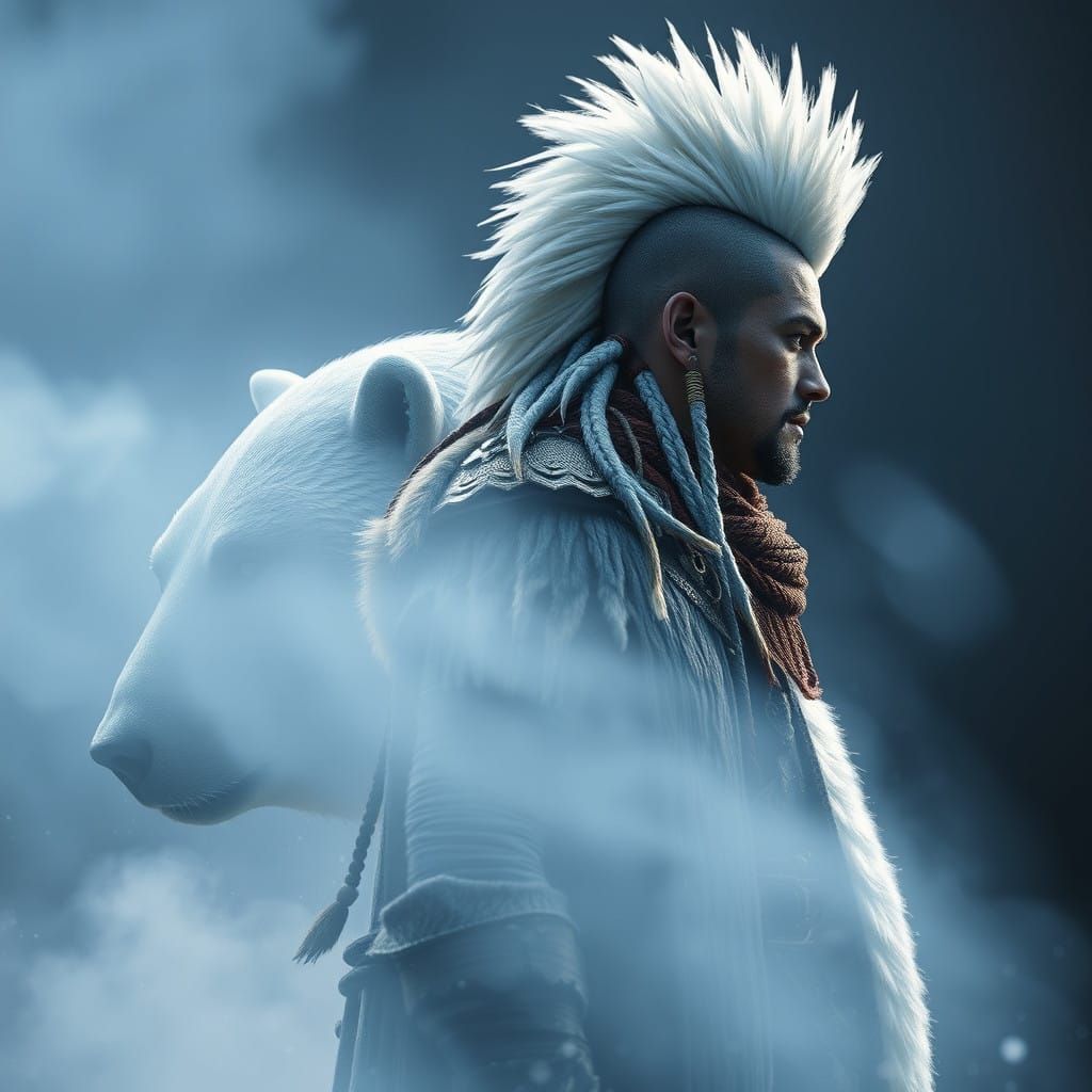 Nordic Tribal Warrior Stands Back-to-Back with Polar Bear in...