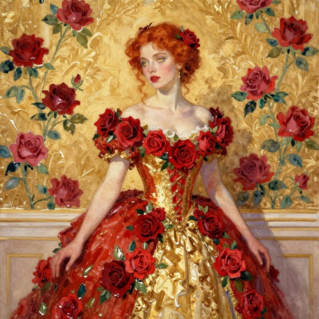 Woman in Rose Gown Poses in Floral Room