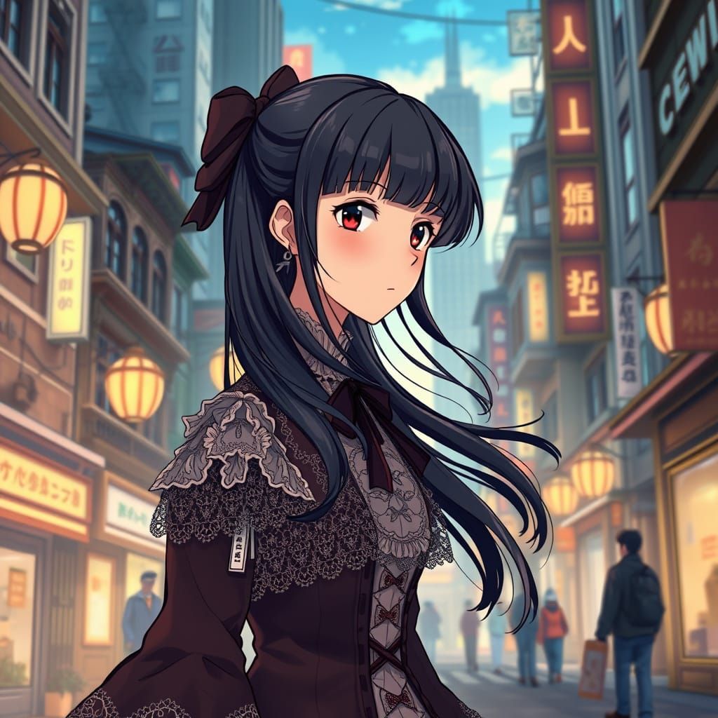 Elegant Victorian Girl Strolls Through Whimsical Cityscape