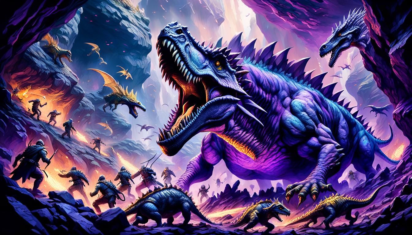 Dark Fantasy Dinosaurs Attack Ancient Warriors in Hyperreali...