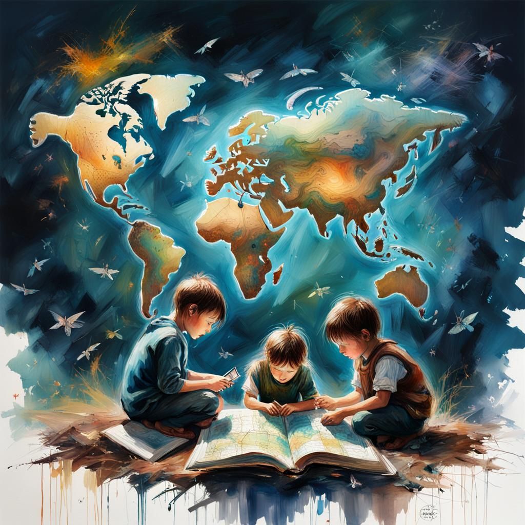 Children Explore World Map in Oil Painting Style