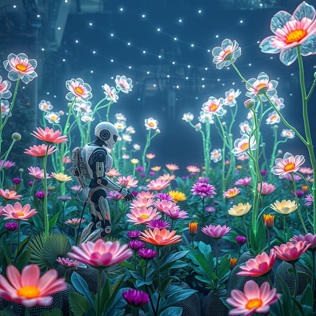 Garden of Holographic Blooms in a Futuristic AI Oasis