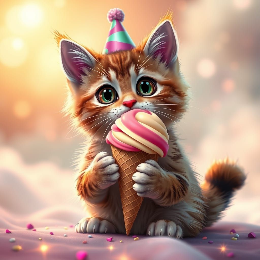 Whimsical Cat Savoring Dreamy Ice Cream in Fantastical Sunse...