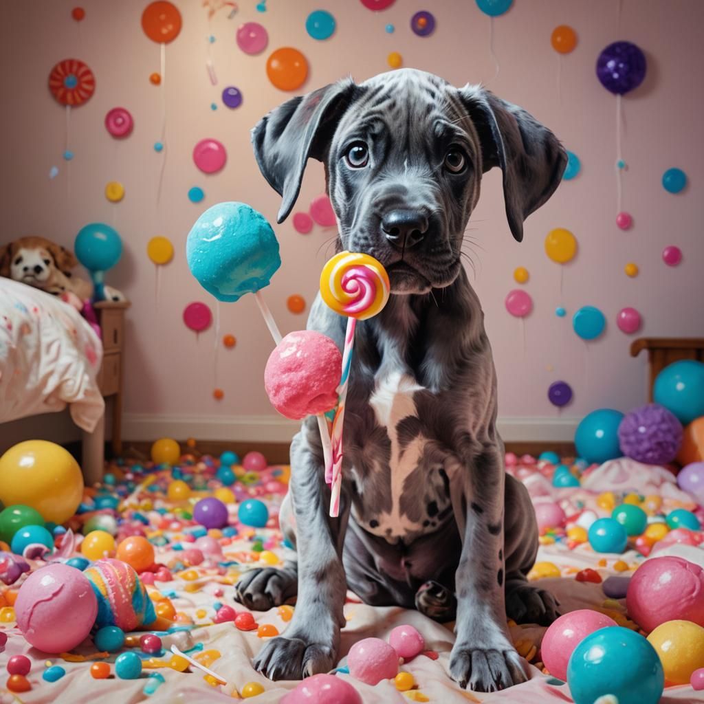 Great Dane Puppy Monster with Lollipop in Fantasy Art