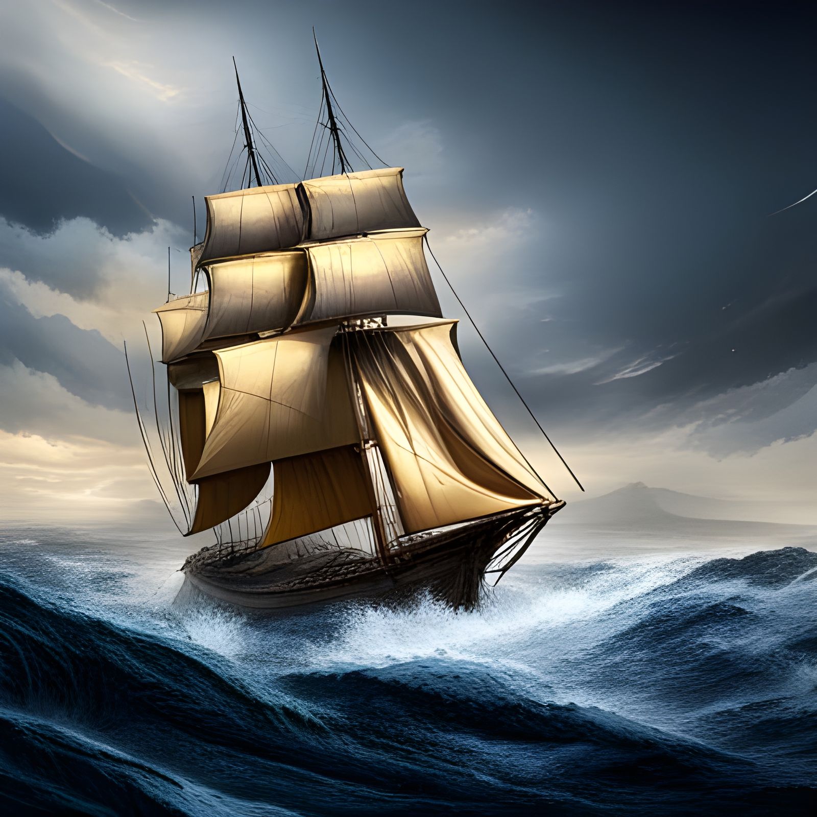 Three-Masted Ship on Rough Ocean in 8K