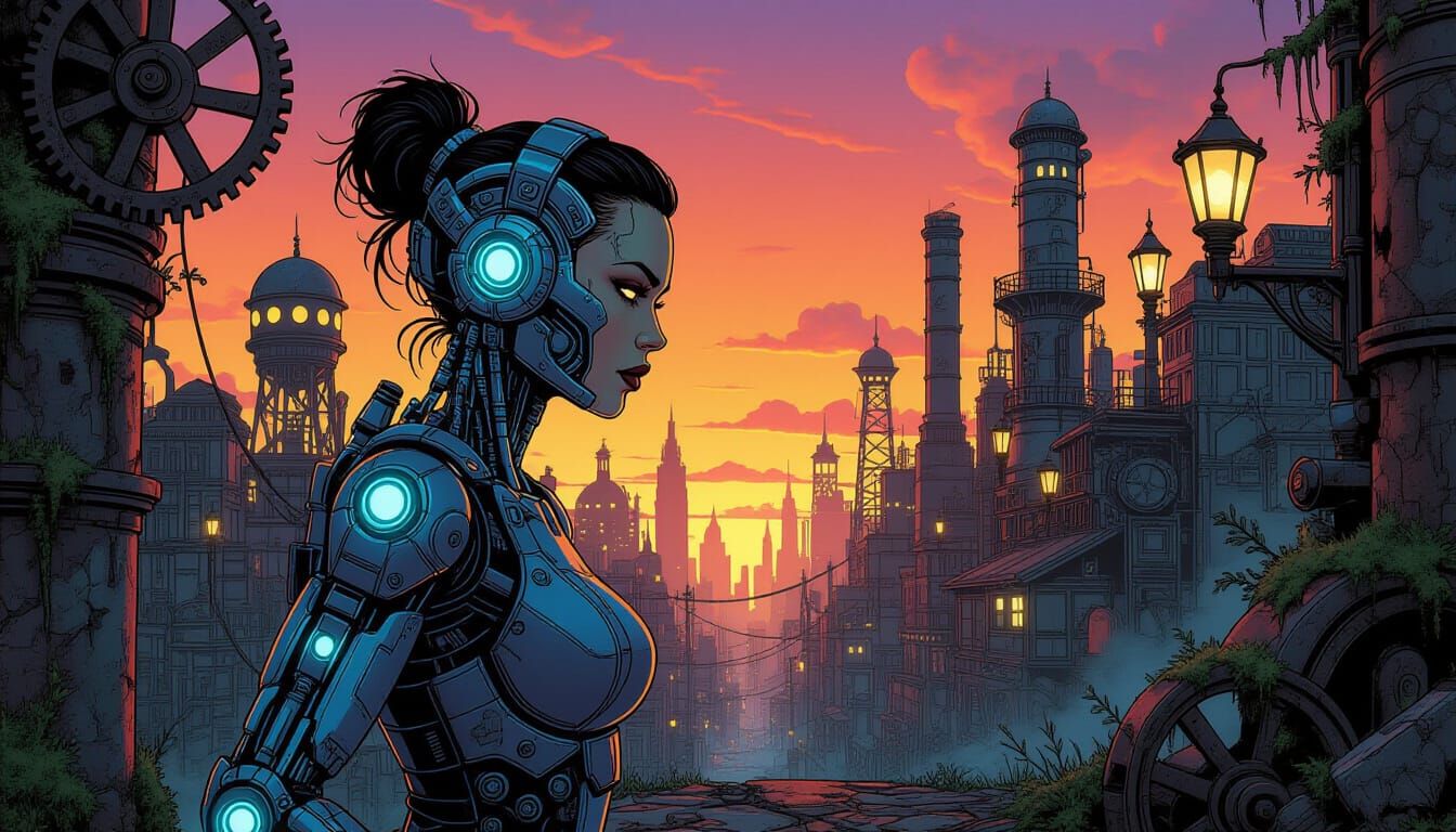Cyberpunk Woman in Decaying Steampunk City