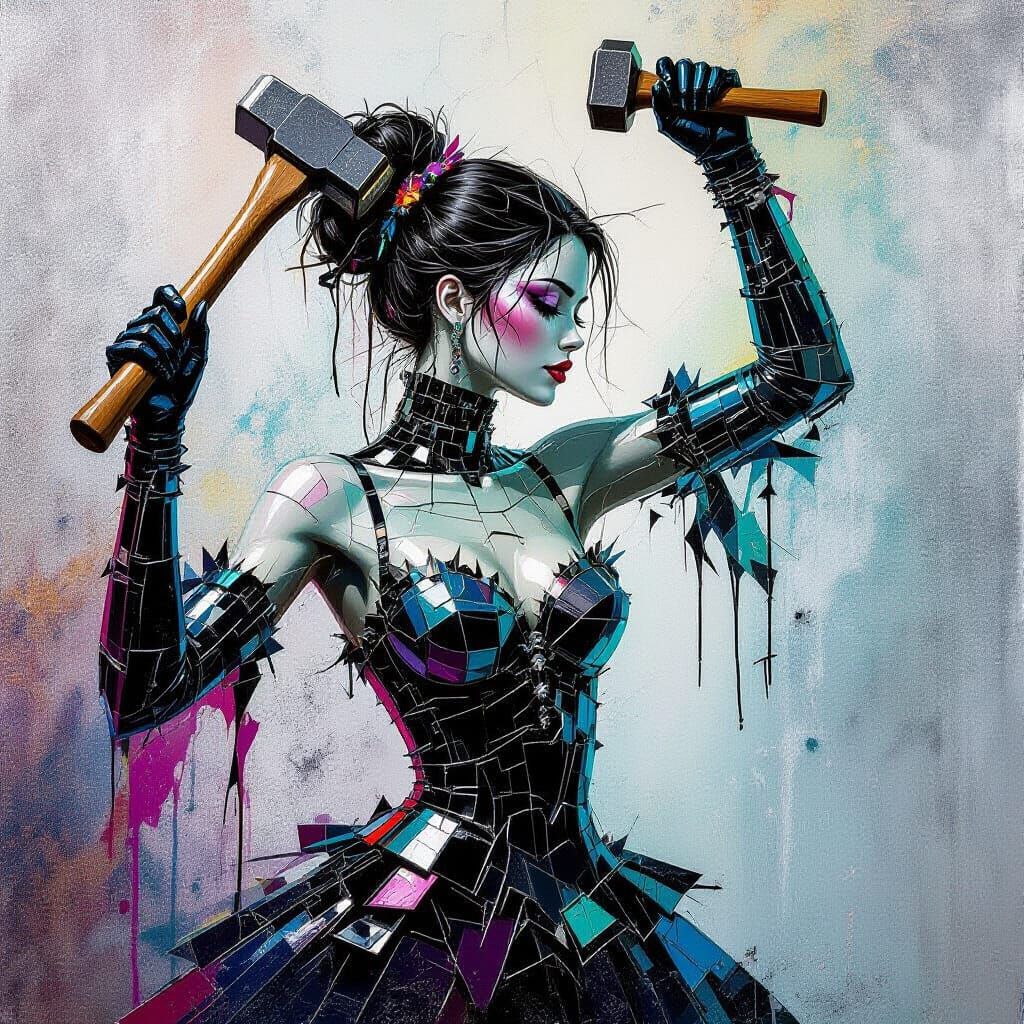 Glass Lady About to Shatter in Street Art Style