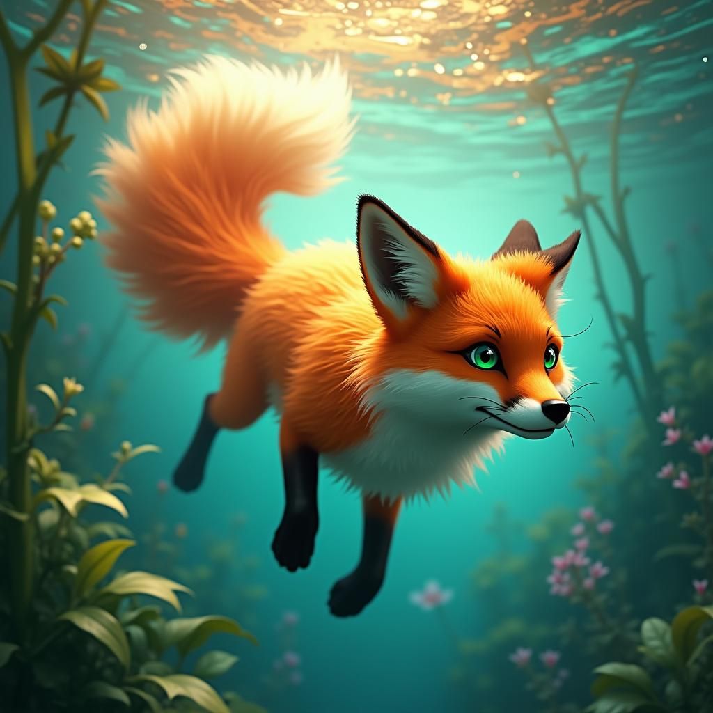Anthropomorphic Fox Swimming in Ethereal Turquoise Water