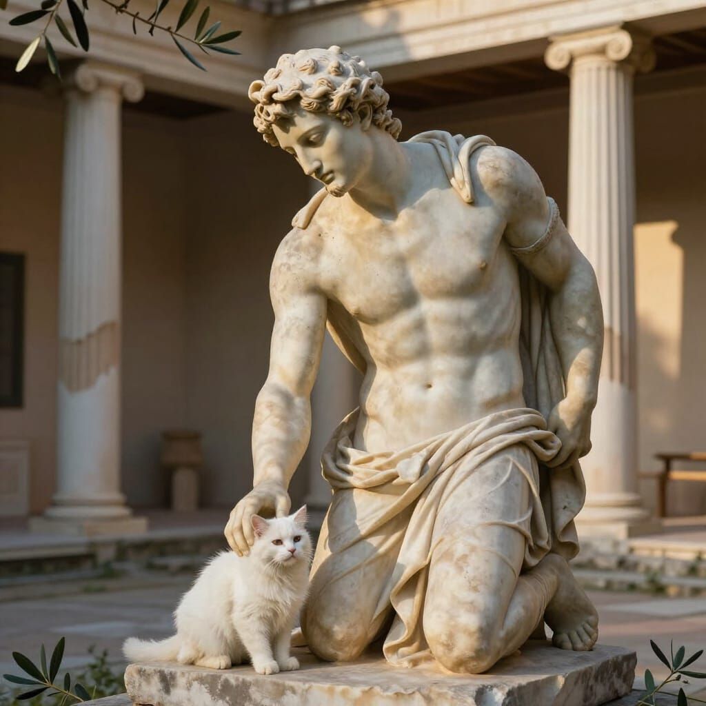 Ancient Greek Statue Gently Cradles White Kitten