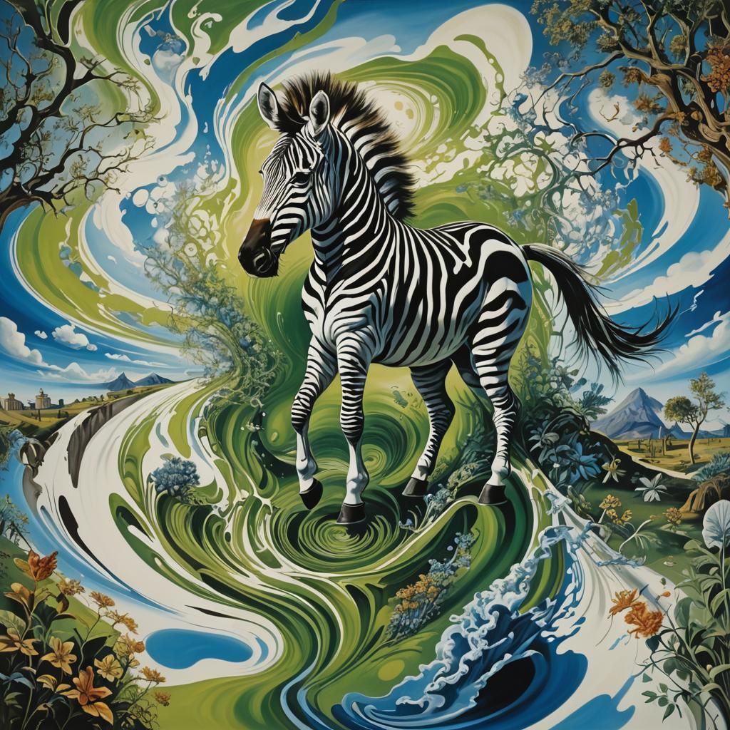 Surreal Zebra Landscape with Metallic Sky as Oil Painting