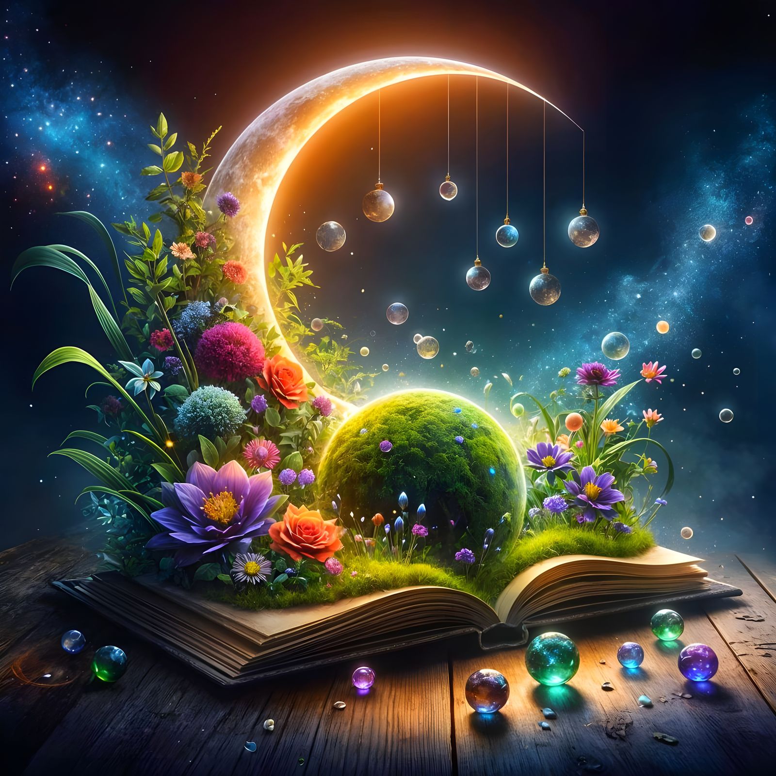 Surreal Moonlit Garden Blooms in a Mysterious Open Book