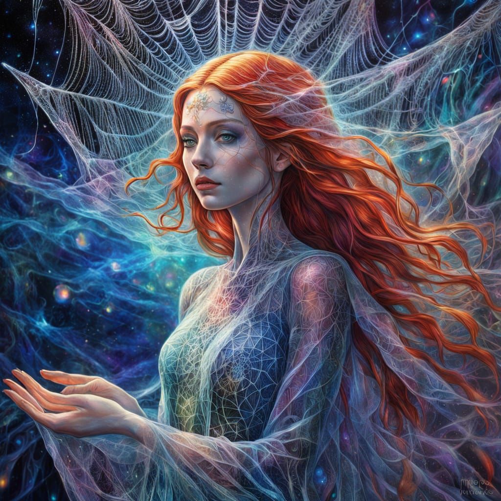 Ethereal Woman with Silk Webs and Dewdrops in Cosmic Style
