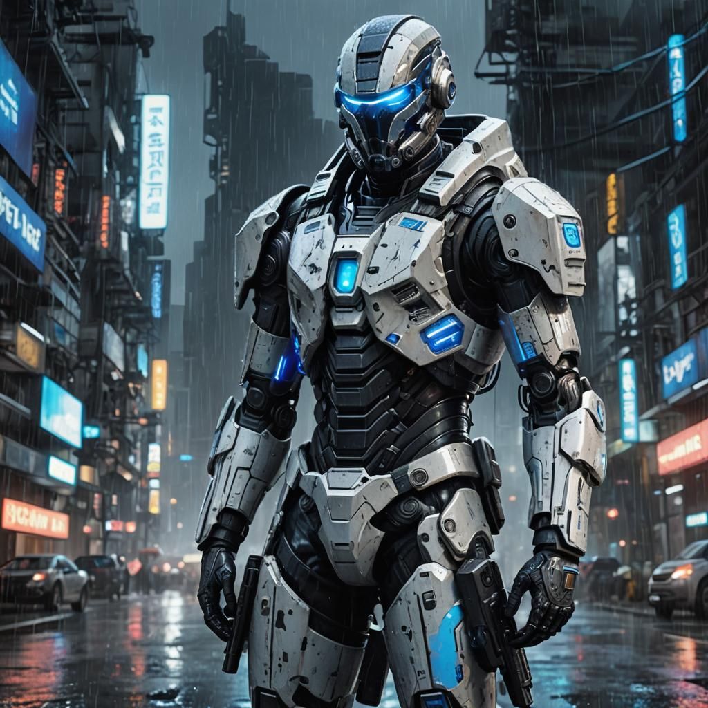 Futuristic Cybernetic Soldier in Dystopian Cityscape