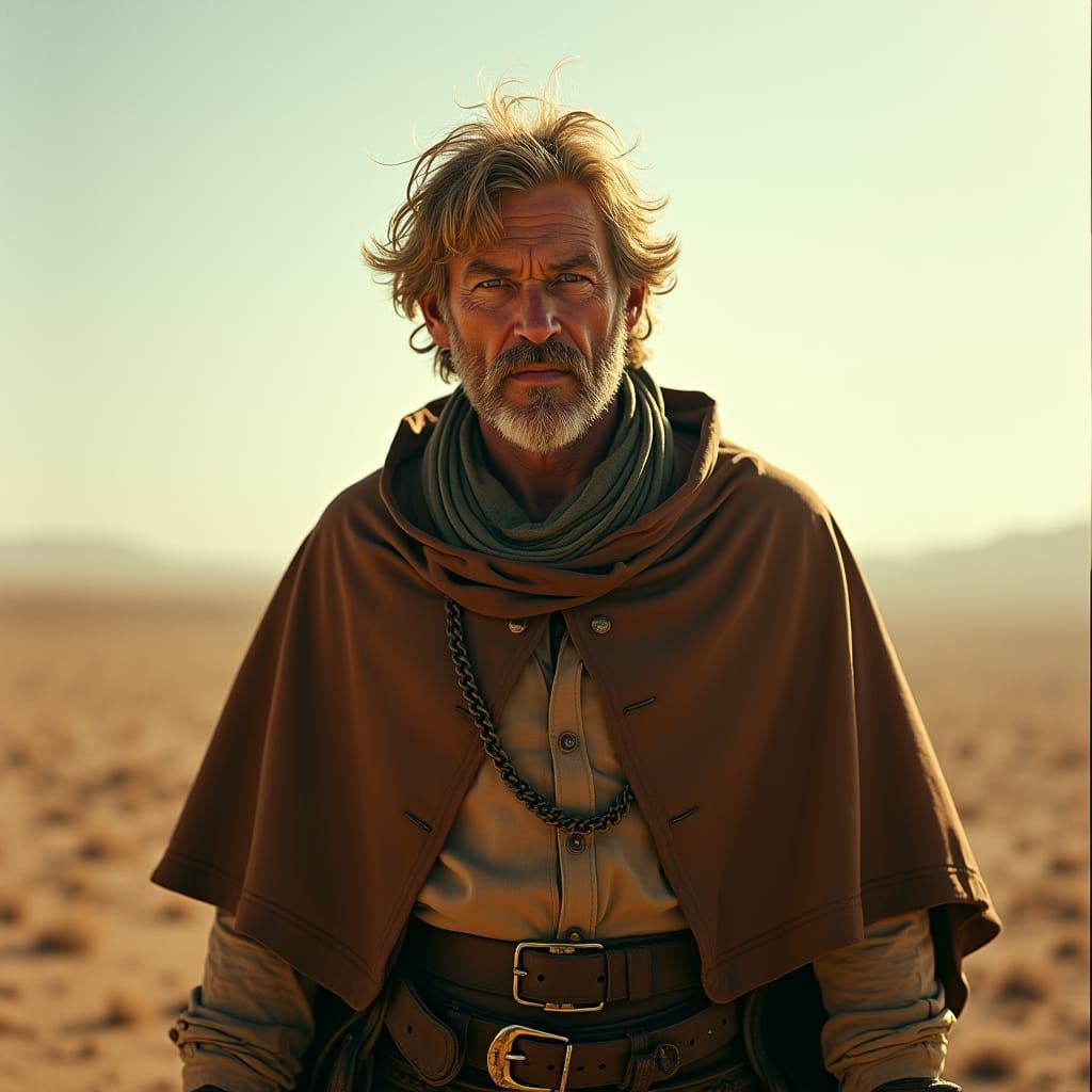 Weathered Cowboy in Dusty Landscape, Cinematic Style