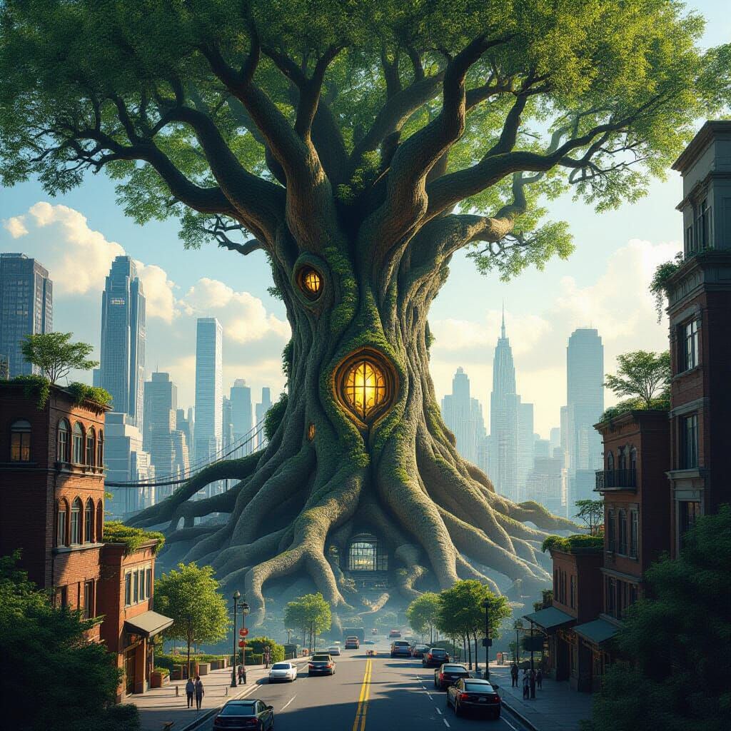Ancient Tree Melts Into Futuristic Cityscape