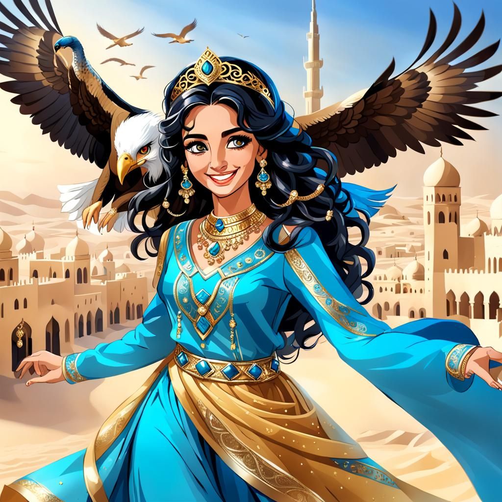Beautiful Arab Princess with Eagle over Dubai