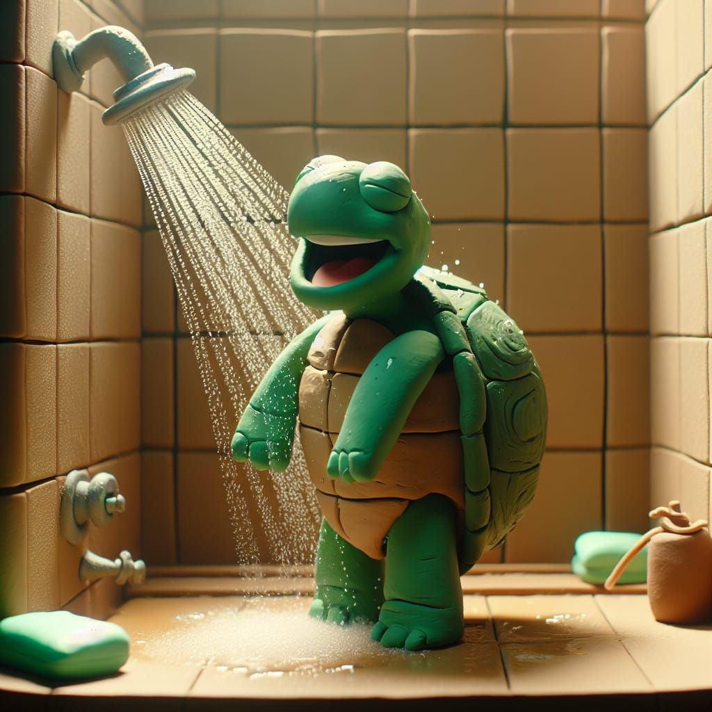 Turtle Singing in Shower in Claymation Style