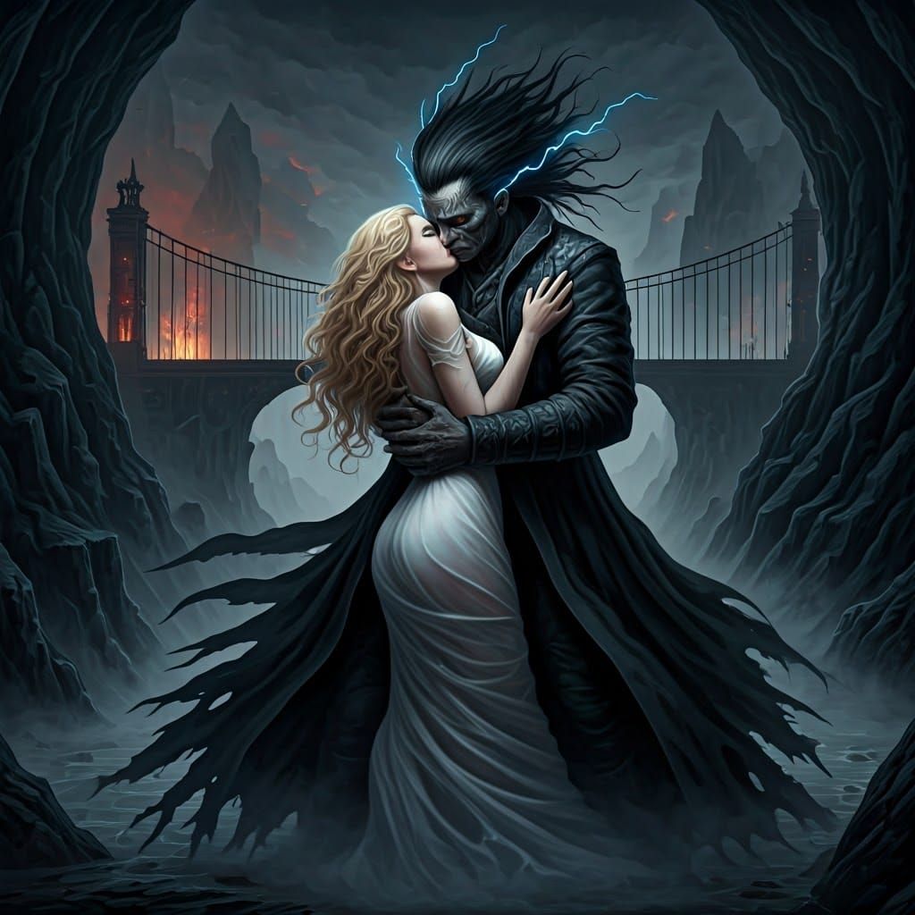 Gothic Dark Figure in Black Coat Charged with Lightning