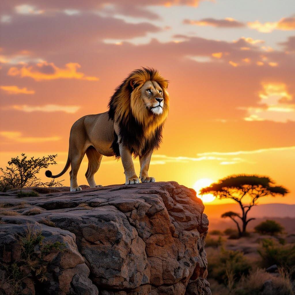 Lion on Cliff at Sunset in Hyperrealistic Style
