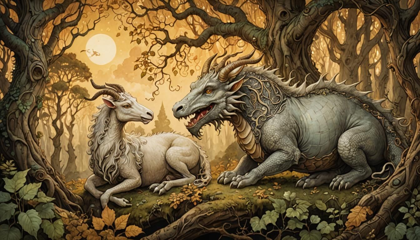 Dragon Eating Sheep in Mystical Forest Illustration