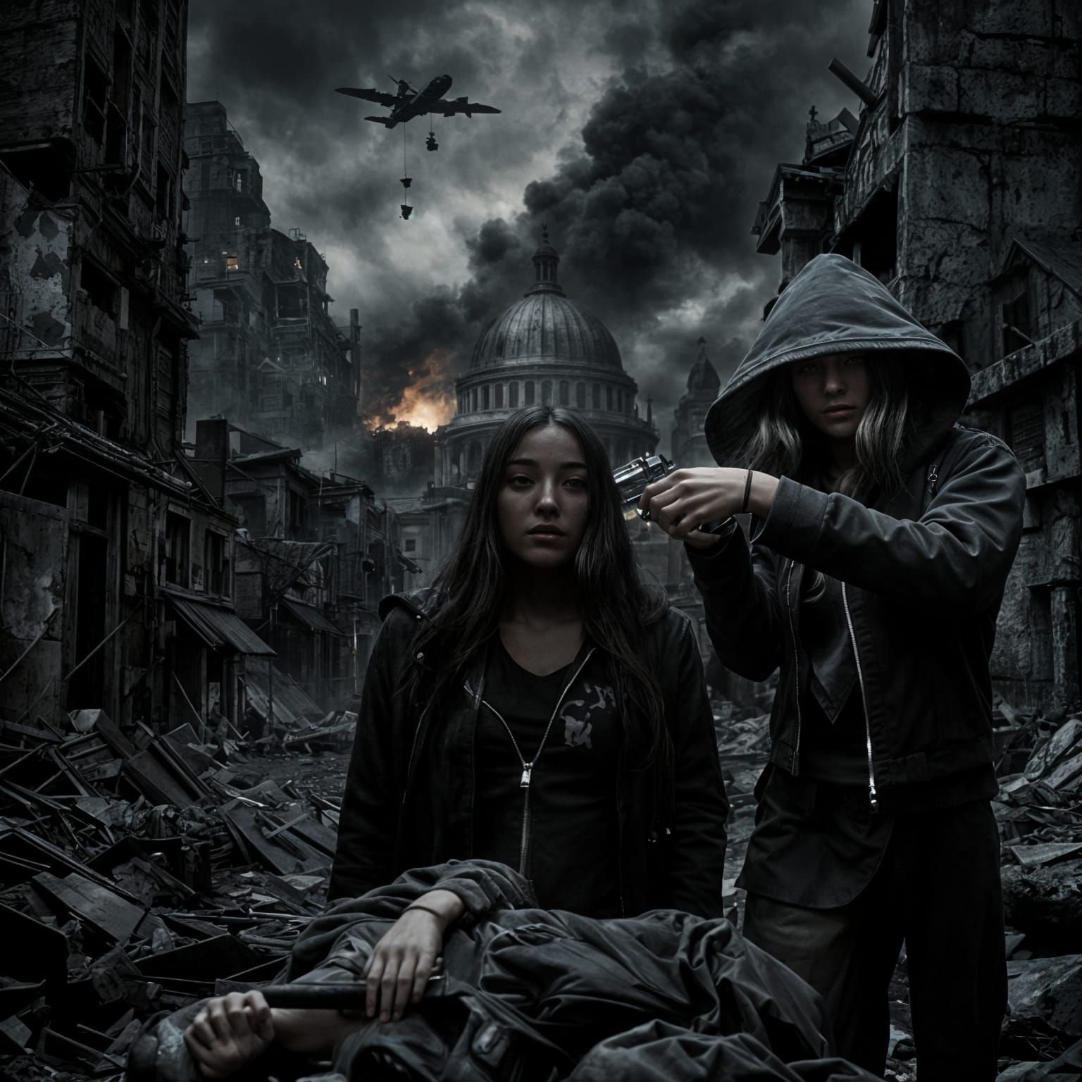 Cinematic Scene with Somber Tones and Shadow Depth