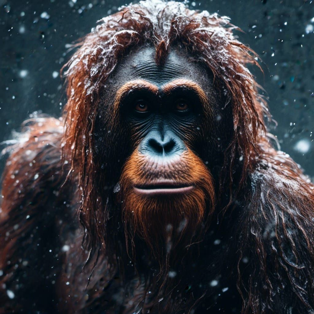 Hyperrealistic Orangutan in Snowstorm Pond