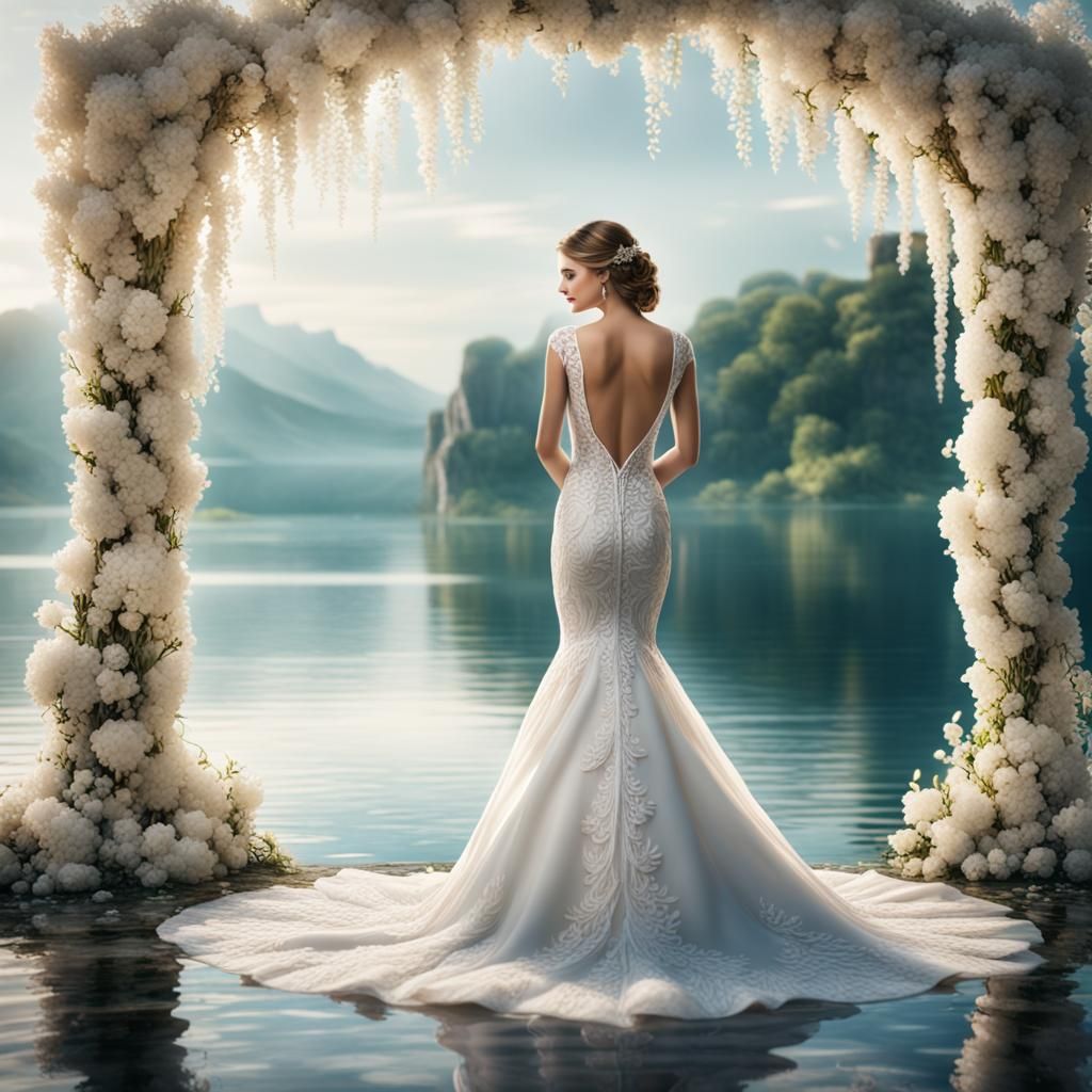 Elegant Bride at Lakeside Wedding Arch in 8K