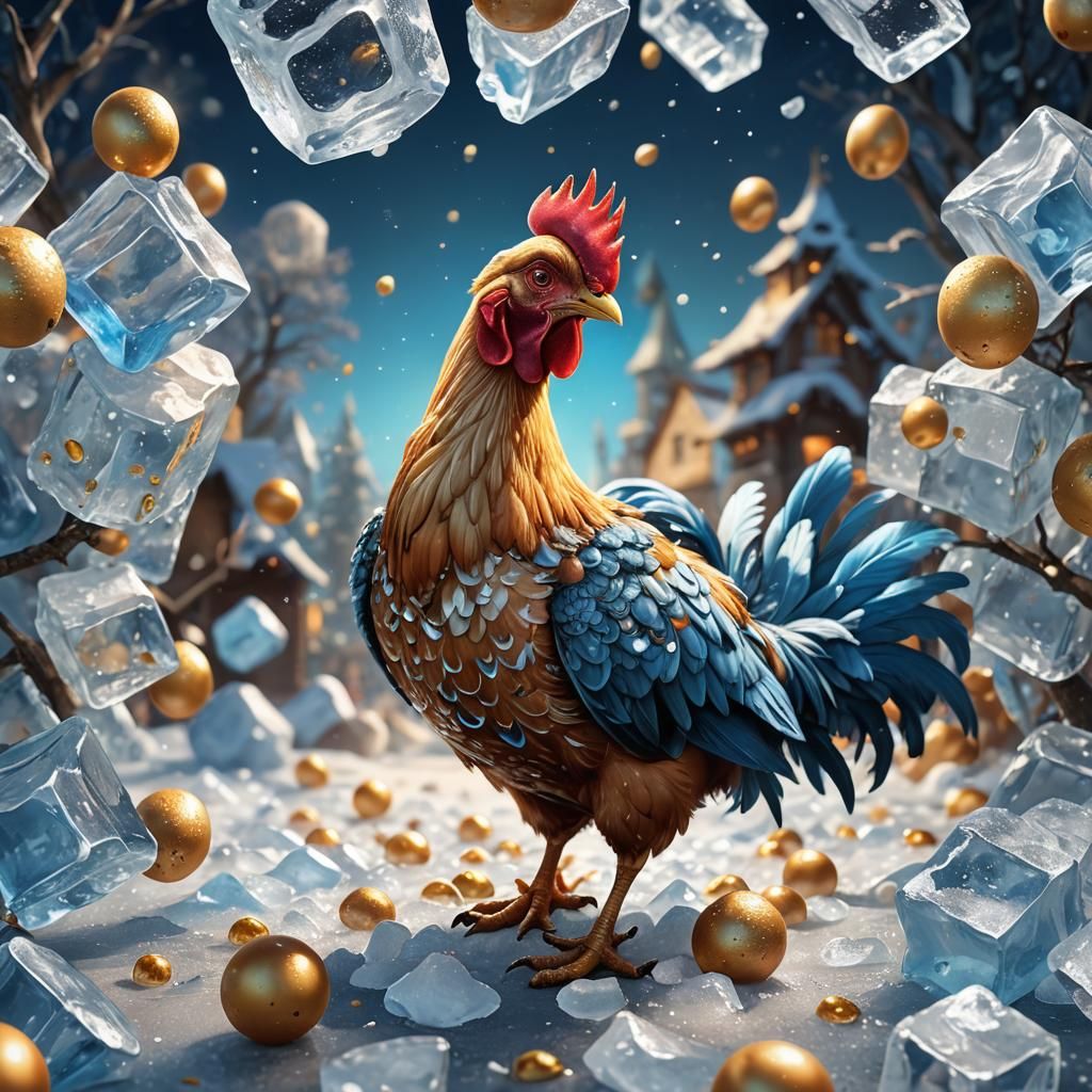 Humorous Chicken Holding Icy Egg Cube: Digital Art