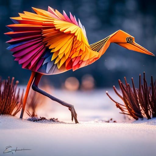 Rainbow Origami Heron: Intricate Concept Art