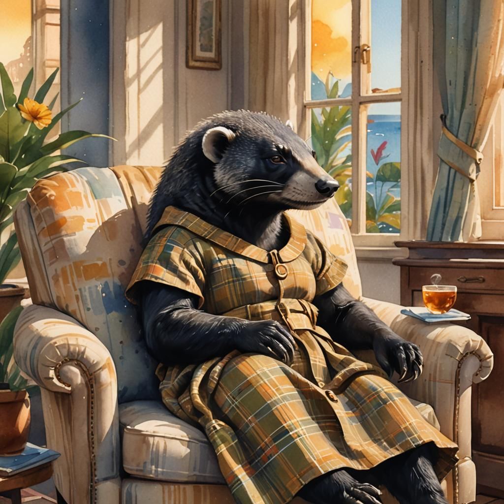 Honey Badger in Armchair as Watercolour Painting