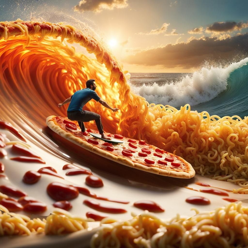 Man Surfing Pizza Slice on Spaghetti Waves