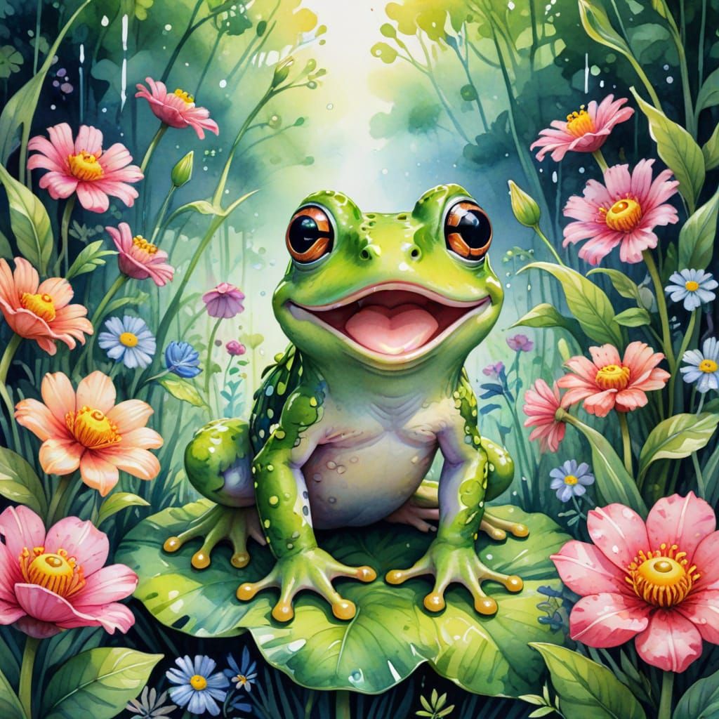 Surprised Chibi Frog in Neon Watercolor Garden