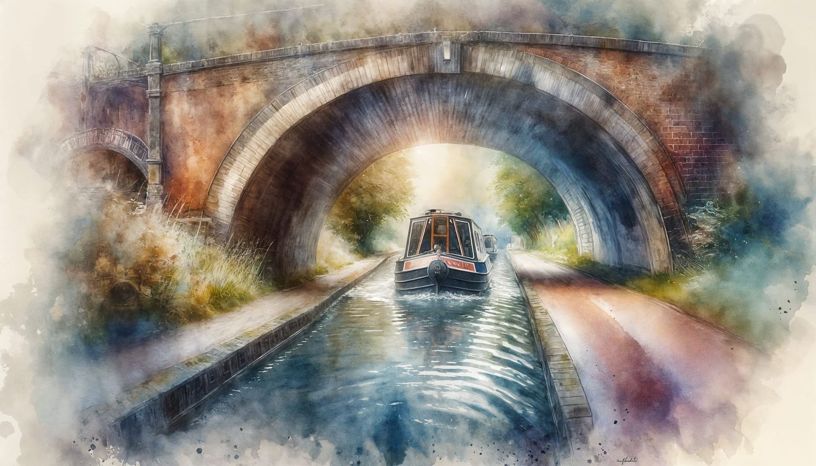 Ethereal Watercolor of Narrowboat on English Canal