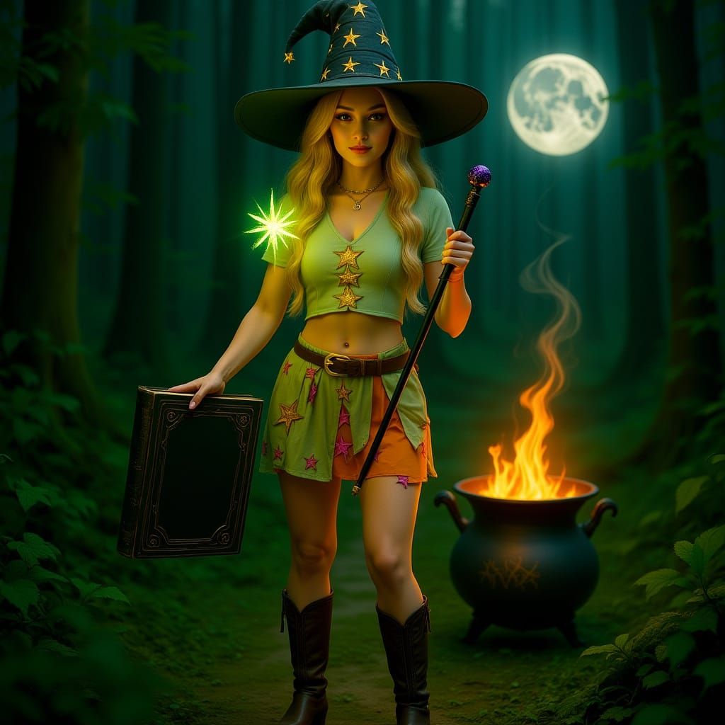 Elegant Witch with Glowing Wand in Magic Forest