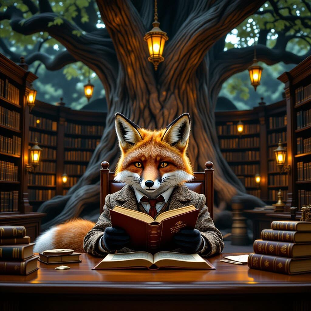 Anthropomorphic Fox Reads in Grand Tree Library