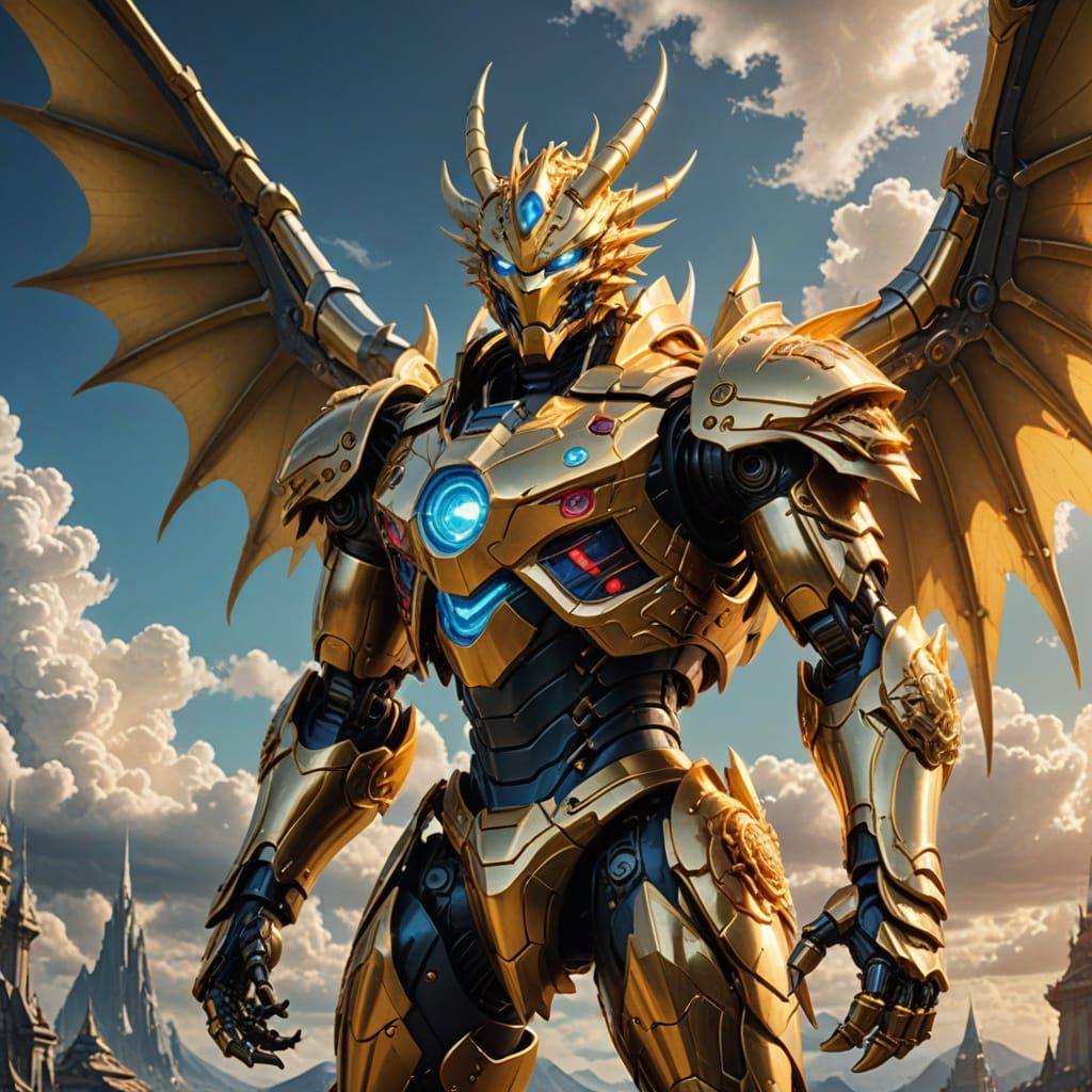 Majestic Golden Dragon Robot in Heroic Pose, Inspired by Gre...