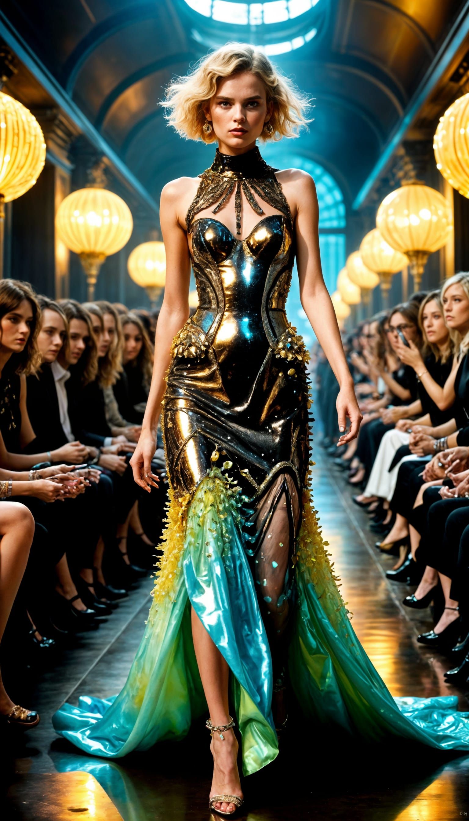 Surreal Haute Couture Runway in Neon Ferrofluid